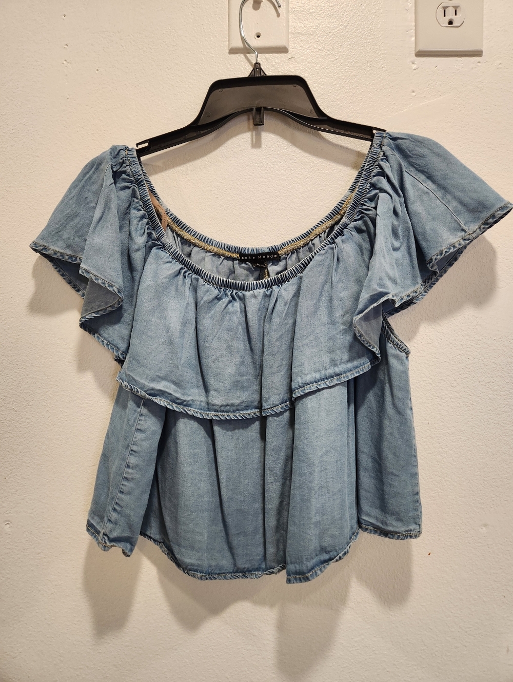 Haute Monde Light Blue Off-Shoulder Ruffle Denim Top